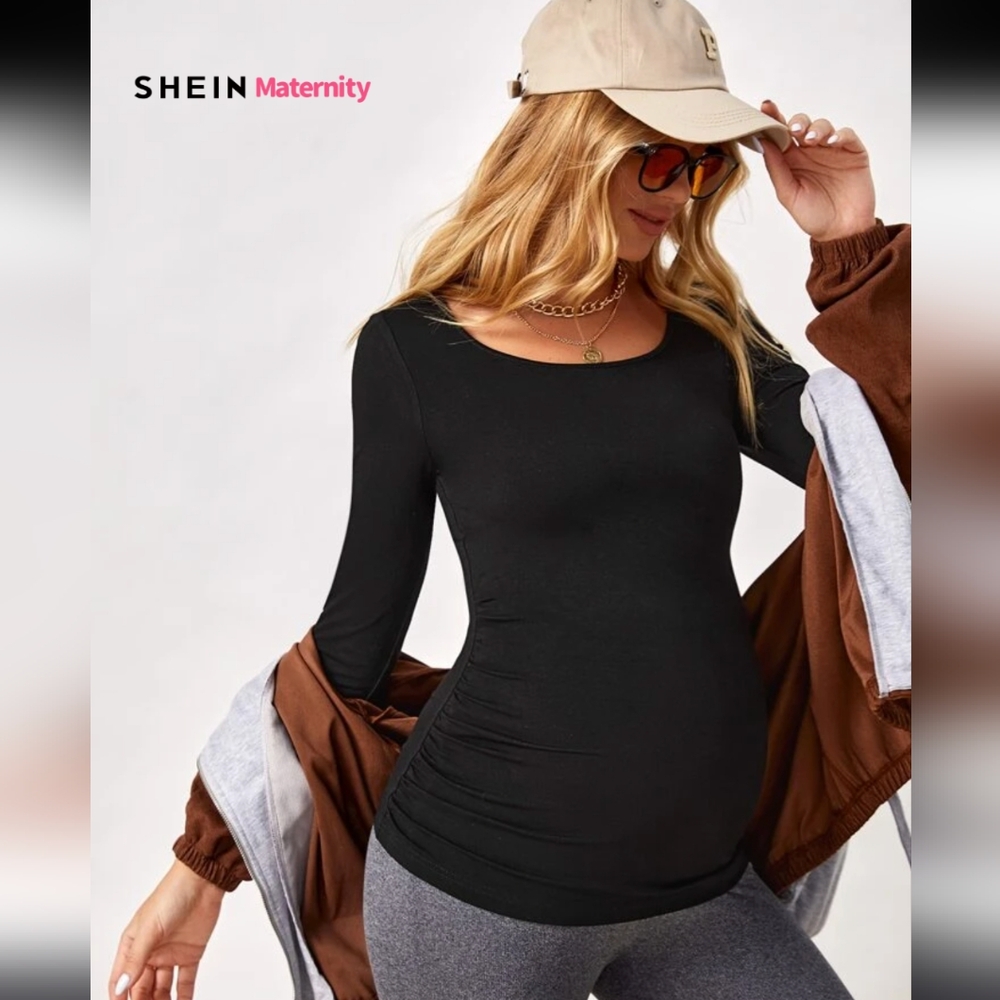 SHEIN Maternity Solid Round Neck Tee With Long Sleeve | Large